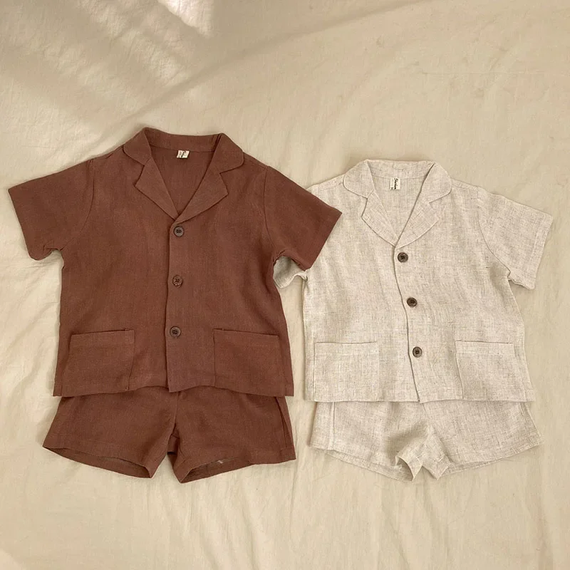 Summer Girls Clothes V-neck Single Breasted Shirt and Linen Shorts 2 Pcs Boys Suit boys clothing set girls clothing set kids clothing set