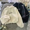 Women Stand Neck Fleece Cropped Hoodies Autumn Letter Embroidery Long Sleeve Drawstring Sweatshirt Elegant Plush Velvet Tops 2