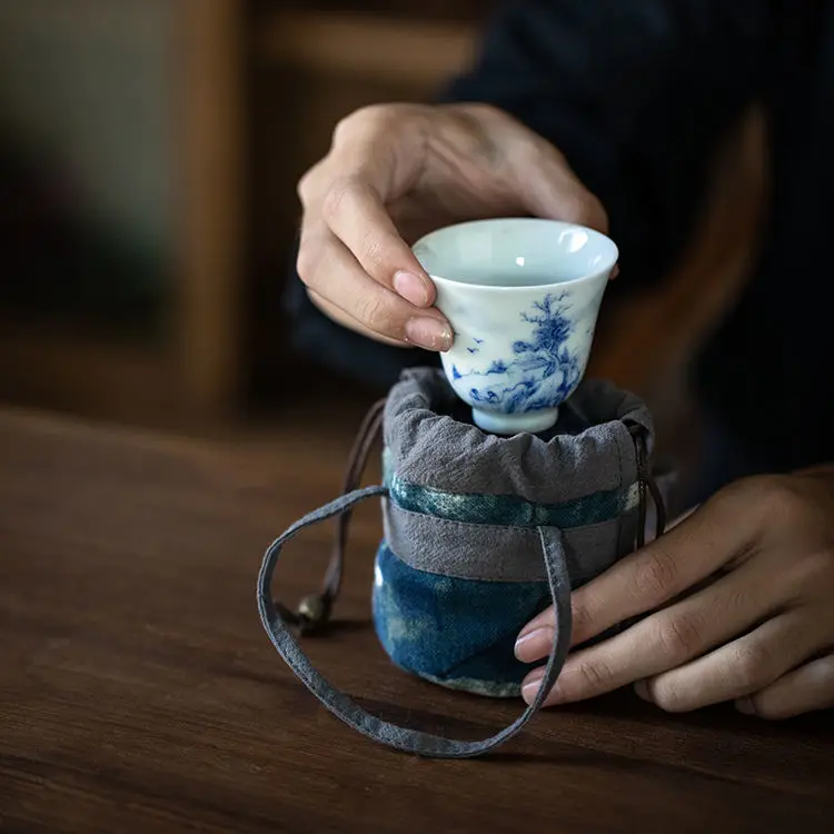 Chinese Style Tea Ceremony Master's Single Cup Storage Bag Cotton Cloth Ink Batik Three-layer Sewing Mini Cloth Tea Bag ZD48
