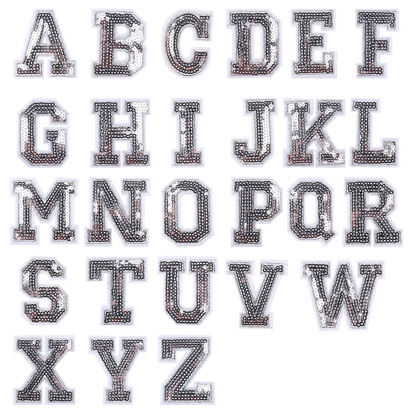 26 silberne Rand-Pailletten, englische Buchstaben-Kombination, Stickerei-Aufnäher, Buchstaben-gestickte Aufnäher auf Rucksack, Schuhe, Hut, Aufnäher zum Selbermachen – Detail 2