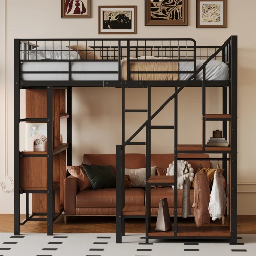Lit mezzanine 140 x 200 cm avec bureau, 1 tiroir et étagères de