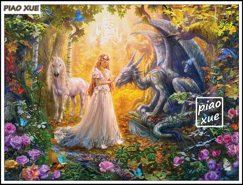 妖精の王女とユニコーンダイヤモンド絵画アート魔法の森の城モザイク