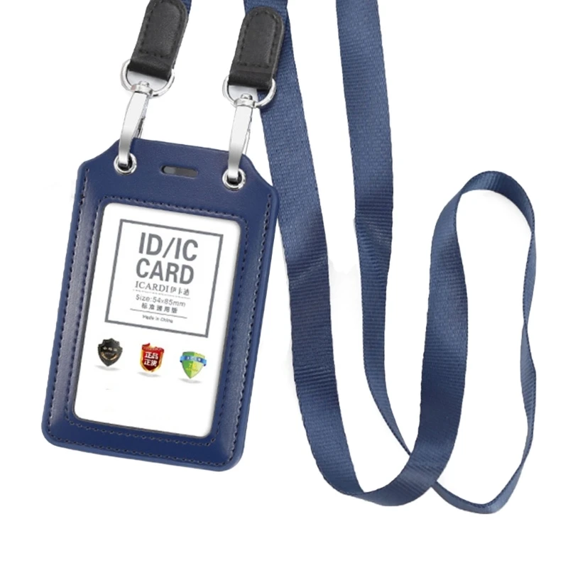 

PU Leather Business Credit Card Holder Badge with Lanyard Neck Strap Clear Window Cards Storage