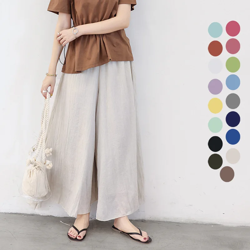 

Summer New Women's Cotton And Linen Wide-Legged Pant Japanese Elastic Waist Casual Loose Ankle-Length Pants