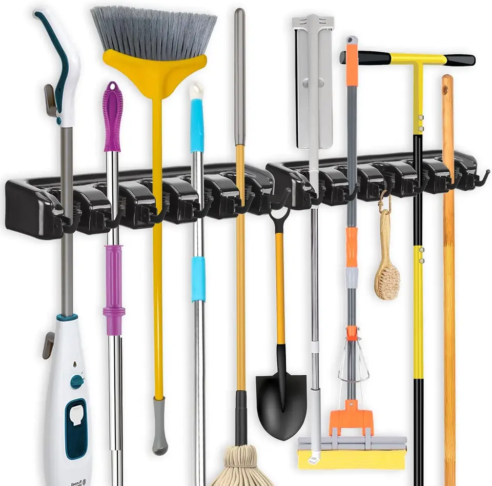 Supporto Multiuso Holikme Per Scopa E Mocio – Autoadesivo, 4 Slot E 4 Ganci, Organizer Da Parete - 4