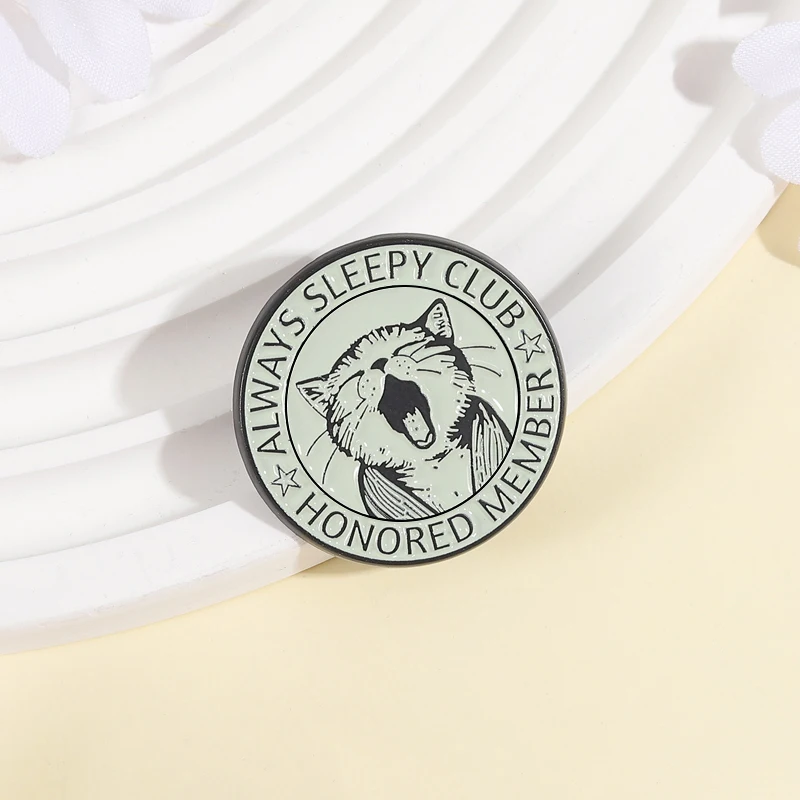 Always Sleeping Club Enamel Pins Cartoon Cute Cat Yawn Brooches Lapel Badges Retro Sassy Animal Jewelry Gift for Kids Friends