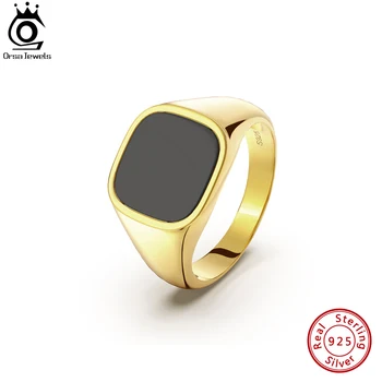 ORSA JEWELS Classic 925 Sterling Silver Simple Men Finger Rings 18K Gold Minimalist Turkish Rings with Black Agate Jewelry NMR01