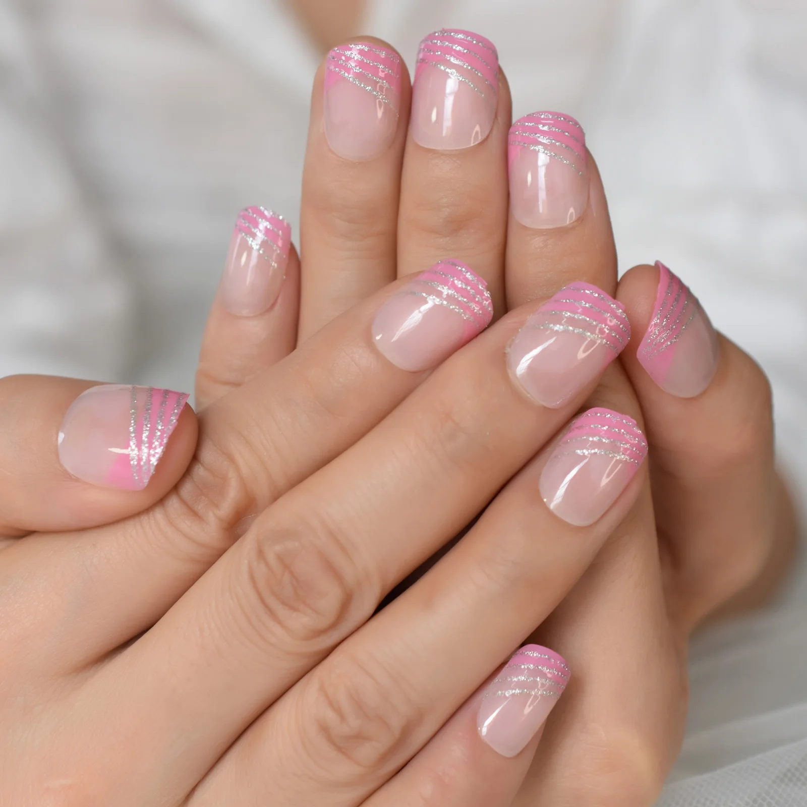 Natural Nails Pink Tips Silver Glitter Lines Short French Round Press On Nails Glossy Manicure Woman Girl Art False Nails 24pcs Aliexpress