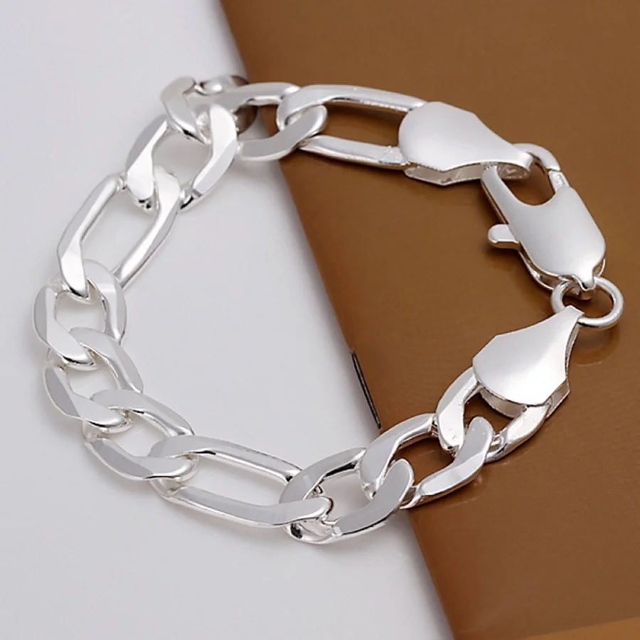 

Top Quality Beautiful 925 Sterling Silver Jewelry Fashion Charm Men Women Chain 12mm Bracelets Noble Nice Stamped , Link