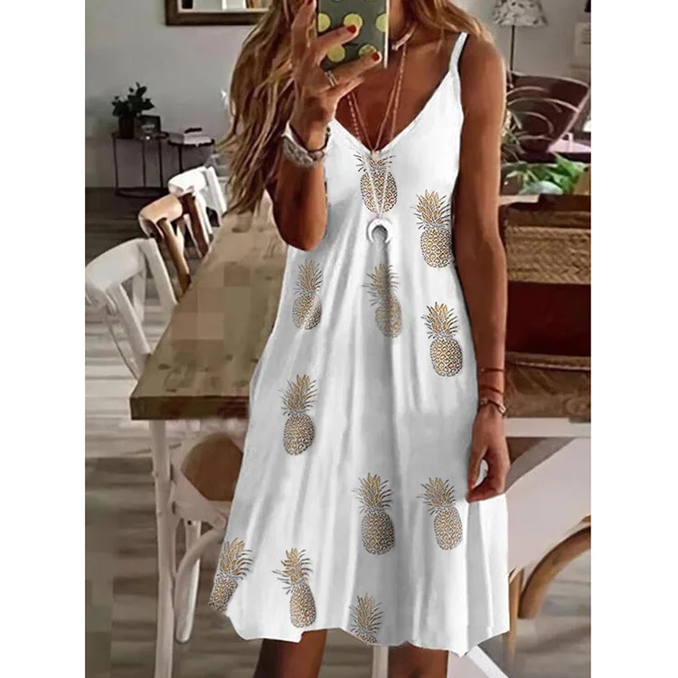 원피스 여성 섹시 브이넥 루즈핏 프린트 스트랩 드레스, 캐주얼 드레스, 2022 년 여름 유럽 신상