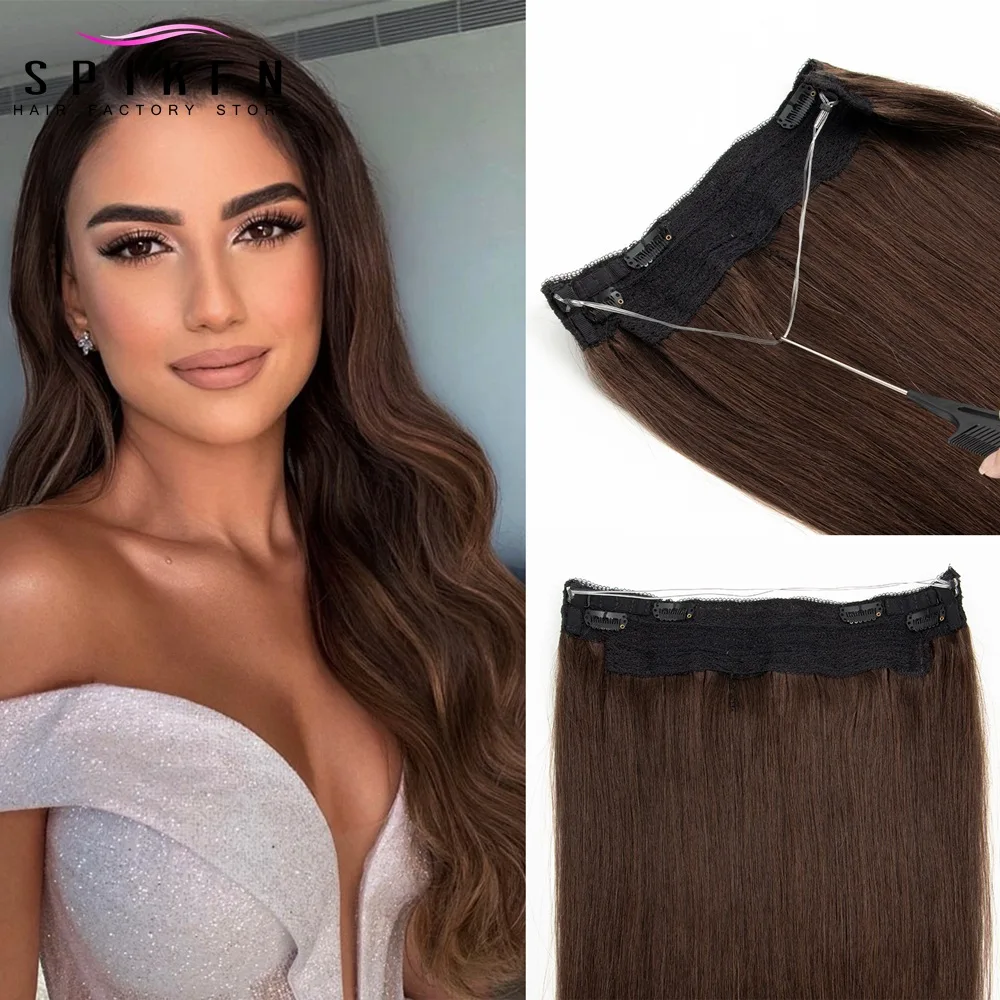 Wire in Hair Extensions Human Hair Invisible Clip in Extensions 12"-24" Secret Headband Fish Line