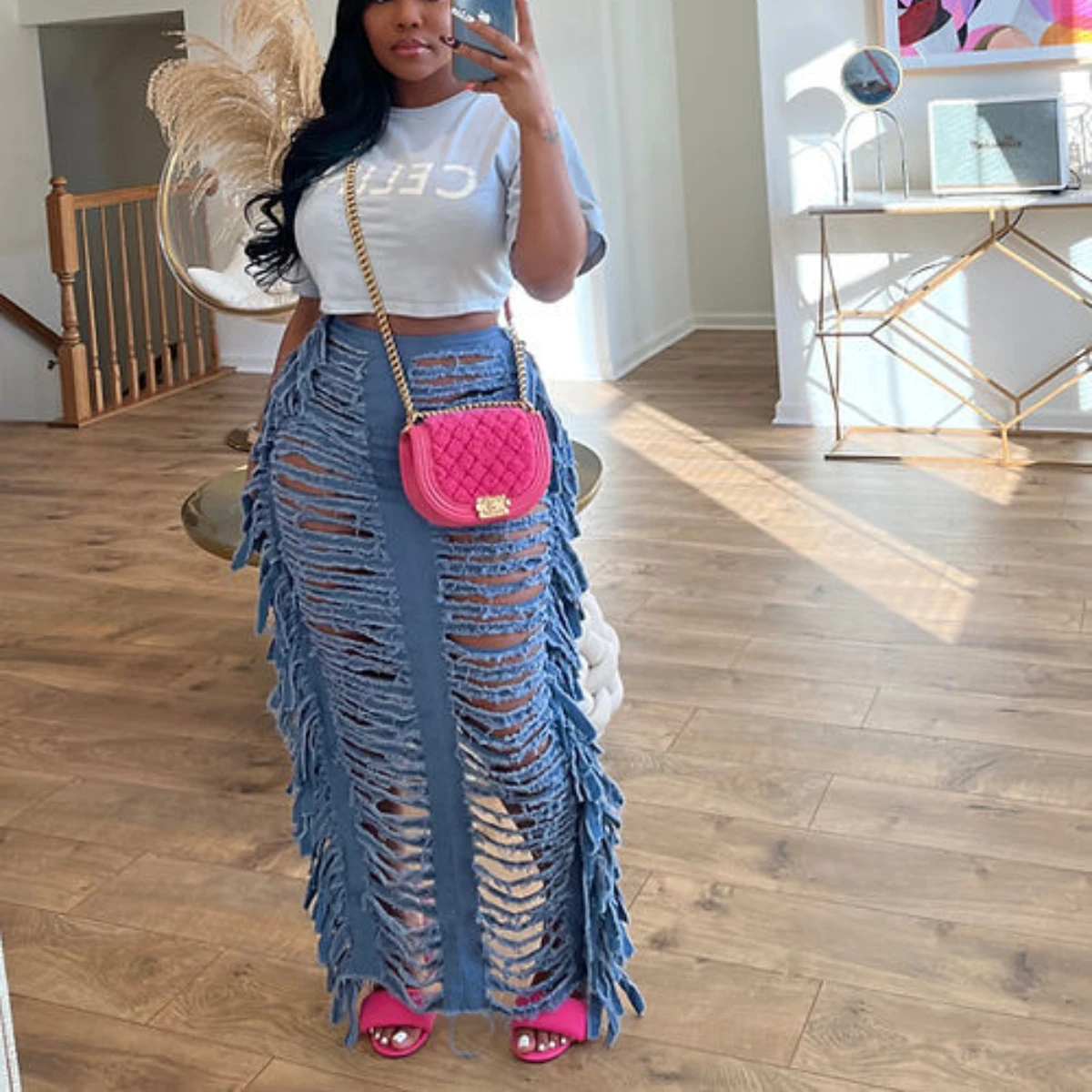 Women Fashion Ripped Out Hollow Out Tassel Pencil Maxi Long Denim Skirts Street High Waist Zipper Bodycon Jean Skirts