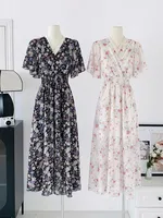 2026 Summer Women Ruffled Short-sleeved Chiffon Dress V-neck High Waist Floral Print Beach Midi Dresses Backless Sexy Vestidos - Image 6