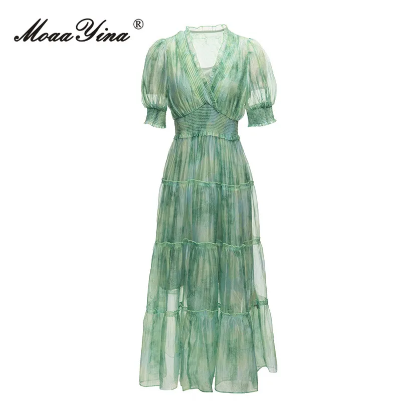 

MoaaYina Summer Fashion Designer Light Green Casual Dress Women Puff Sleeve Ruffles High Elastic Waist Elegant Party Midi Dress