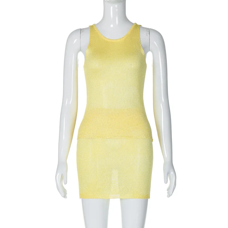 Knit Sweater 2 Piece-Set Mini Skirt For Women Pullover Sleeveless Fashion Sexy Top And Skirt Sets Solid Knitwear Outfits
