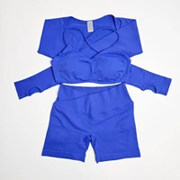 Ensemble de yoga 3 pièces DF pour femmes, short Vision |   Soutien-gorge de sport Vision 4,5 pouces et veste Vision Shrug Pilates Speed Activewear Gym 3
