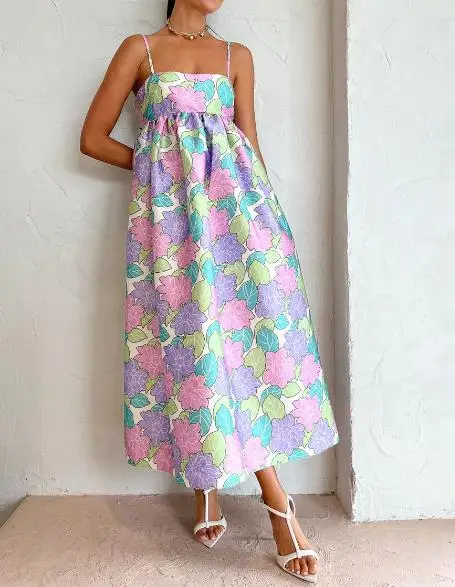 

Woman Elegant Summer Medium Length Skirt New Fashion Printed Suspender Loose Sleeveless Open Back Large Swing Female Long Dress