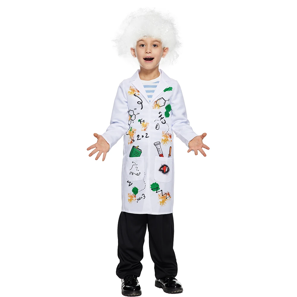 Family Halloween Costume Mad Scientist With Wig White Unisex Lab Uniform Carnival Party Purim Stage Performance Props