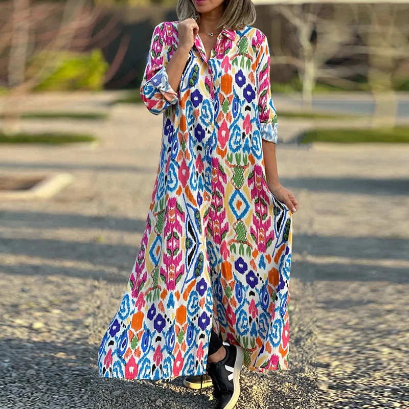 

Autumn Women Loose Long Sleeve Vintage Dress Casual Turn Down Collar Shirt Dresses Female Bohemian Single-breasted Long Dress