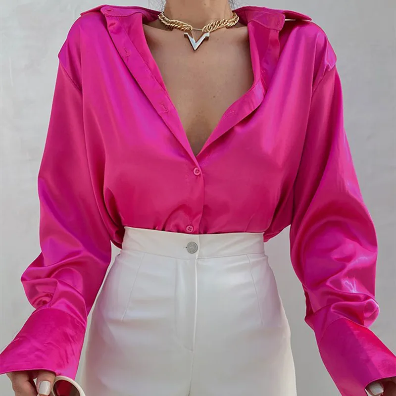 Elegant Satin Shirts Women Fashion Tops 2025 Spring Solid Long Sleeve Blouses Vintage Purple Casual Loose Buttons Clothes 18913