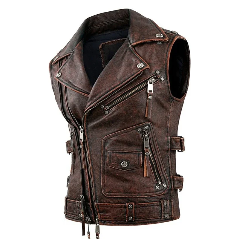 Men Riding Vest Motor Biker Jackets Vintage Brown Motorcycle Vests Men Natural Cowhide Genuine Leather Jacket Sleeveless motorcycle mans vest cowhide real leather riding men s waistcoat vest reflection skull pattern sleeveless coat genuine leather