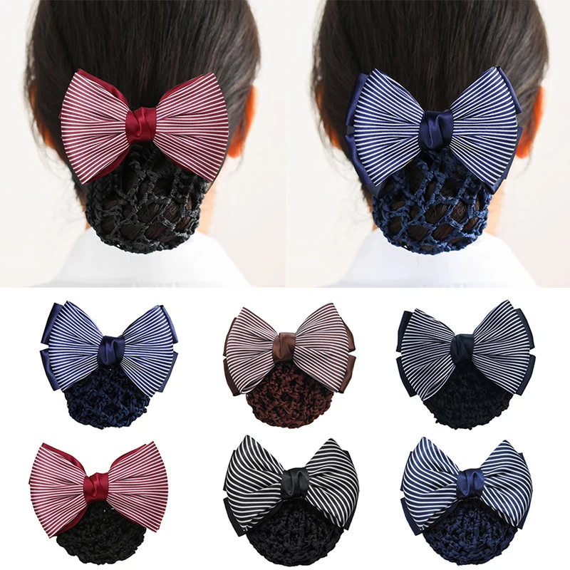 Fashion Striped Ribbon Bow Hair Bun Net Snood Crochet Net Bun Hair
