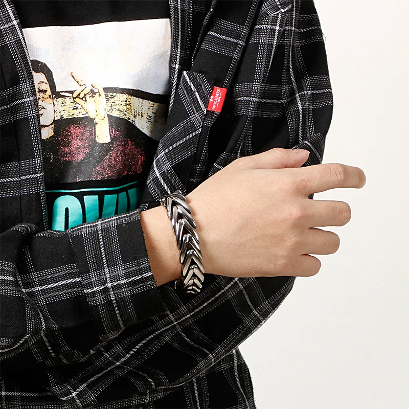 Fongten Men Charms Bracelet Stainless Steel Link Chain Shiny Bangle Bracelets Men Hip Hop Silver Color Heavy Jewelry