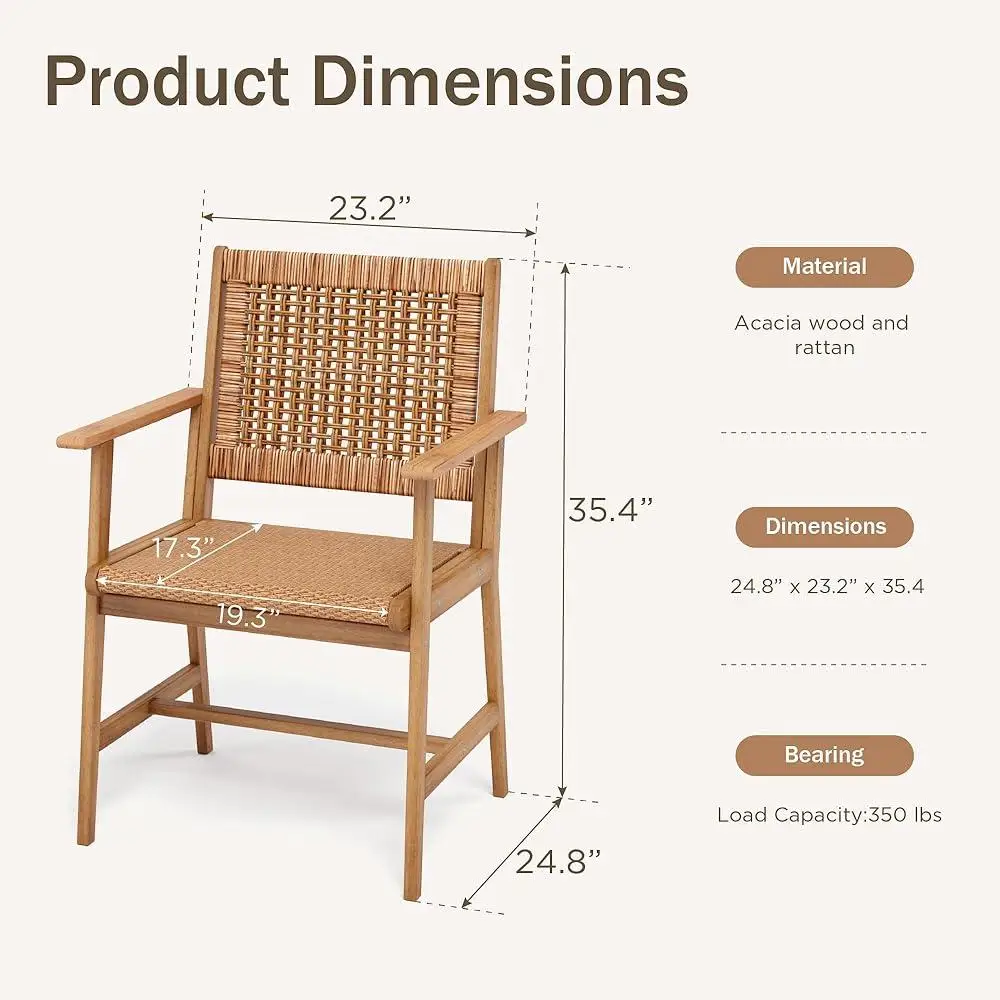 Outdoor Acacia Wood Dining Chairs Set of 4 Strong Wicker Back Armchairs Farmhouse Style Patio Deck Furniture Heavy Duty Assembly 4