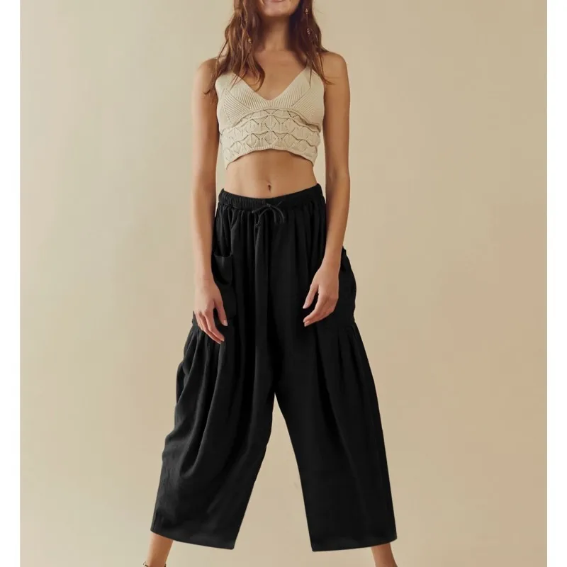 

Female Child Loose Wide Leg Trousers Ladies Lace Up Pocket Solid Summer Beach Pants Casual Clothing For Women 2023 Mujer