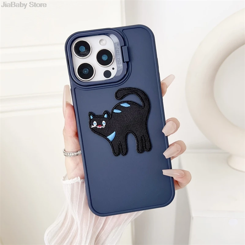 Liquid Cat Dog Shockproof Holder Camera Protection Silicone Soft Phone Case For iPhone 11 12 13 14 15 16 Pro Max Plus Cover_voghion.com