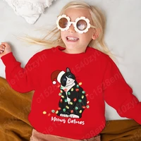 Christmas Light Cat Meowy Catmas Print Hoodless Pullovers Children New Fashion Solid Color Tops Round Neck Kids Girls Sweatshirt 1