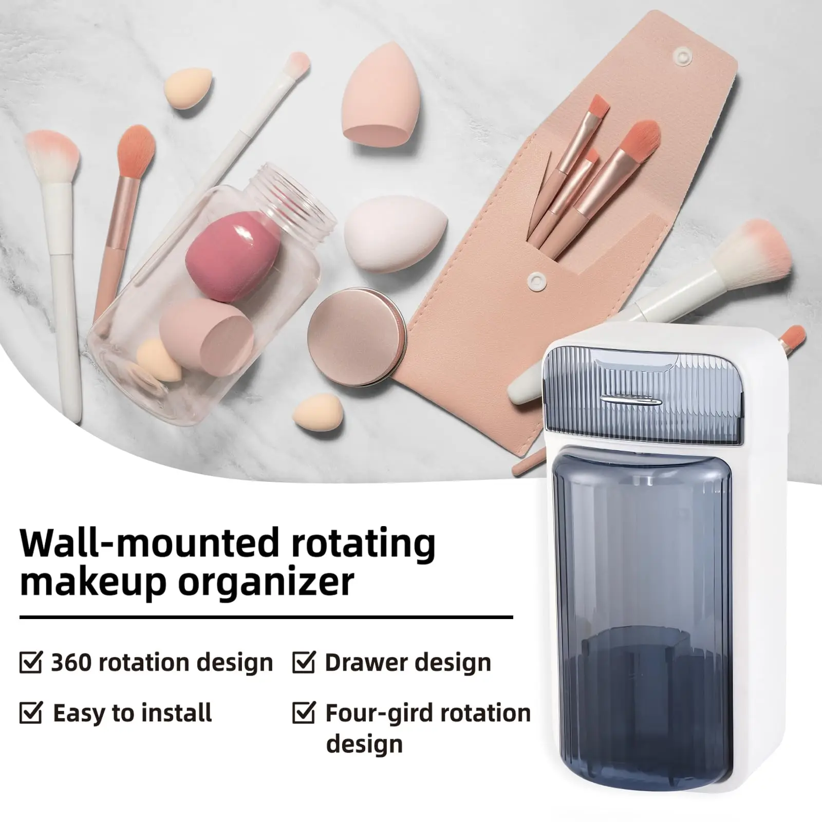 360 Rotation Makeup Brush Organizer, Wall-Mounted Bathroom Counter Organizer with Drawer Storage Box Holder 3
