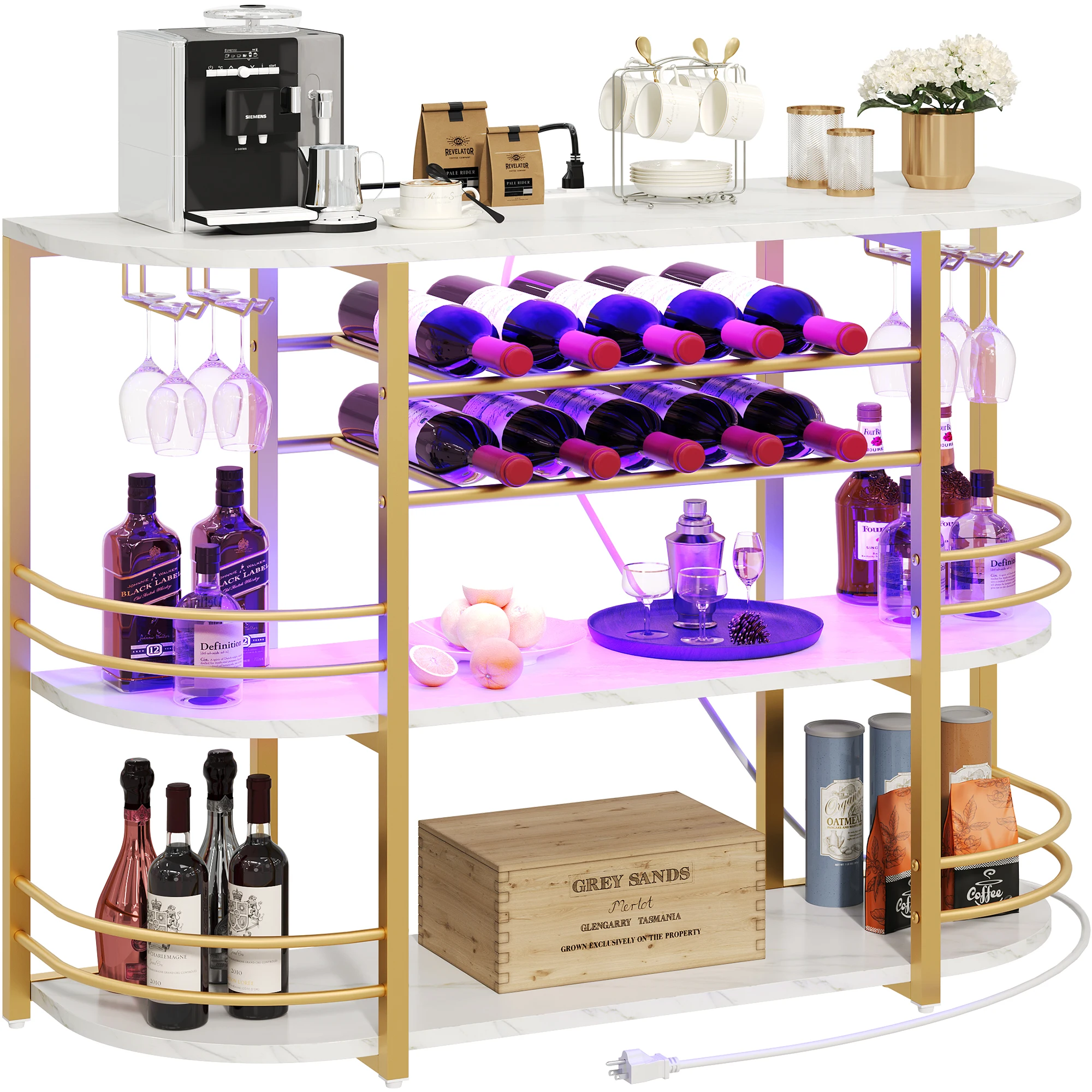 3 Tier Metal Coffee Bar Cabinet with LED Lights Wine Liquor Display Rack Holder