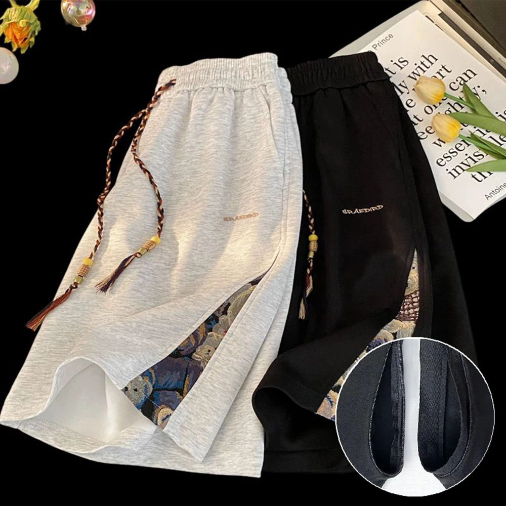 Invisible Open Crotch Outdoor Sex Embroidery Casual Shorts Men Women Student  Sports Loose Five Points Pants