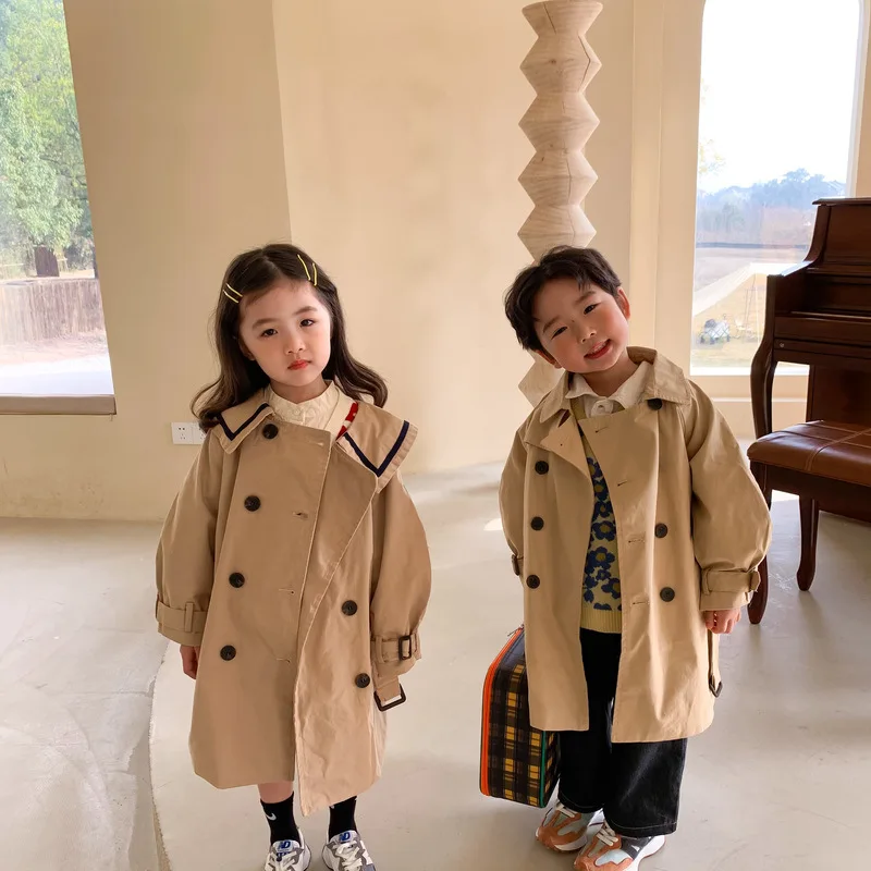

Children's Windbreaker 2023 Spring and Autumn Style Boys and Girls College Style Double Breasted Solid Color Long Windbreaker