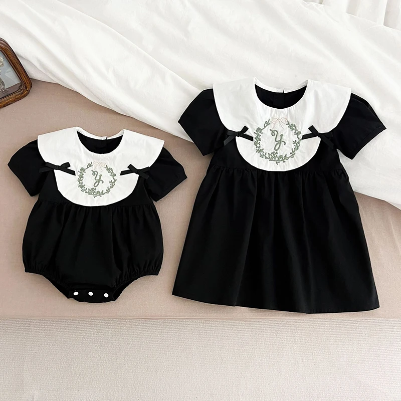 2025 Sister Clothes Baby Girl Dress Bodysuit Bow Party Summer Sister Dress Doll Collar Lace Embroidered One Piece Clothes Dress 6