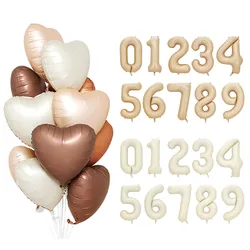 10/5/1Pc Brown Beige Cream 18inch Heart Balloons Cream Number Balloons 1 2 3 4 5 6 Birthday Number Foil Balloon Helium Air Globo