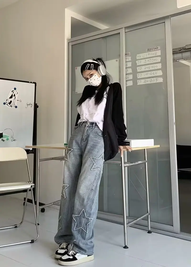 Y2k High Waist Jeans Blue Pentagram Streetwear Korean Style Hip Hop Straight Denim Boyfriend Jeans women's jeans free shipping