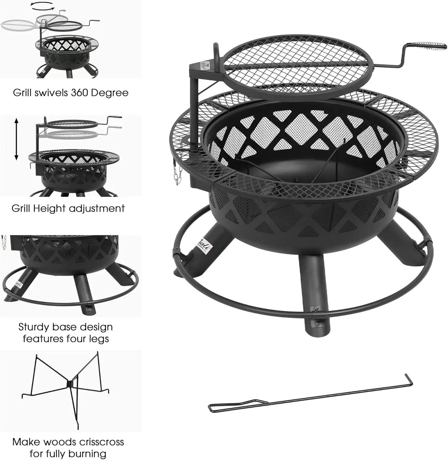 Fire Pit with Poker, 32 inch Outdoor Fire Pit Patio, Wood Burning Firepits for Outside with Grill