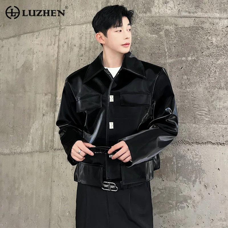 

LUZHEN Stylish Autumn Elegant Metal Buckle Decorate Original Short Jacket Men's High Street Glossy Leather Pu Trendy Coat F77042