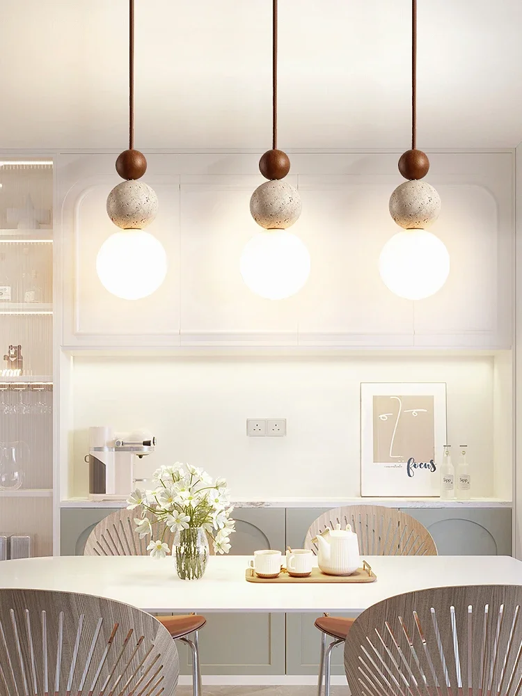 Description Picture 3 of itemModern Natural Stone Wood Pendant Light Travertine LED Chandelier for Bedside Bedroom Restaurant Bar Samll Light Fixtures