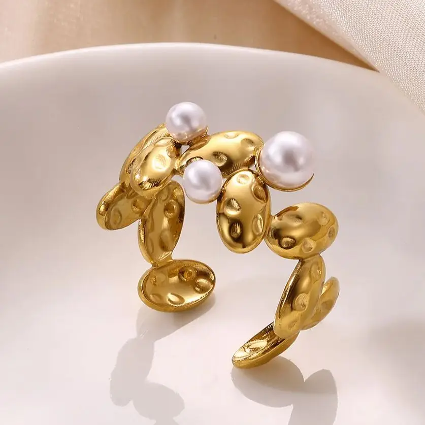 Luxury18K Gold Plated Stainless Steel Adjustable Irregular Peral Rings For Women