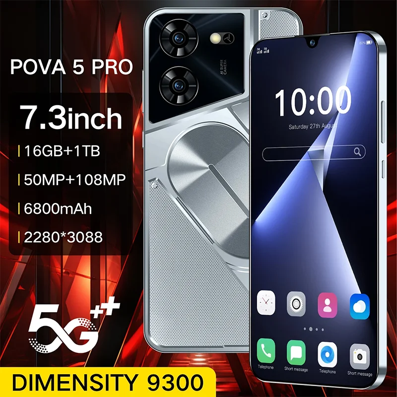 Смартфон Pova 5 Pro, телефон с экраном 7,3 дюйма HD, 16 ГБ, 1 ТБ, Android 14, 6800 мАч