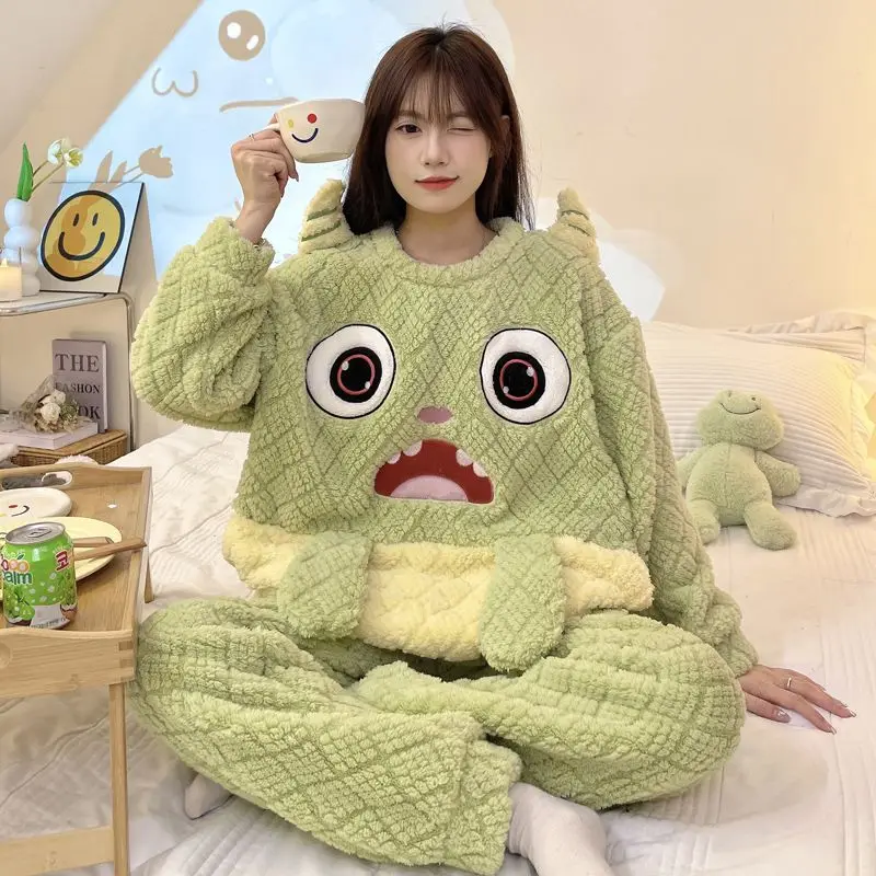 Women Pajamas Winter New Female Coral Velvet Thickened Fleece Lined Cute Cartoon Homewear Suit Round Neck Warm Nightclothes 2024