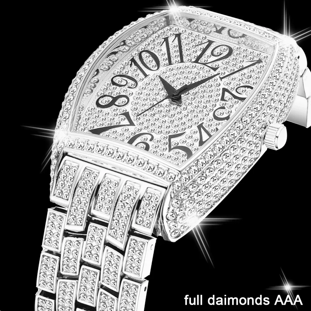 

Dropshipping Iced Out Watch for Men Silver Stainless Steel Watches Hip Hop Quartz Wristwatch Classic Tonneau Full Diamond Watch