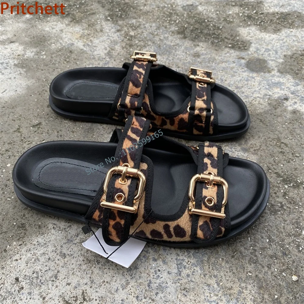 Leopard Print Buckle Decoration Slippers Round Toe Black Bordered Flat with Slip On Shoes Comfortable Outdoor Concise Shoes