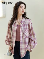 MISHOW Women’s 100 Cotton Long-sleeve Purple Plaid Shirt Spring 2025 Loose Pockets Casual Shirts Korean Polo Neck Top MXE14C0417