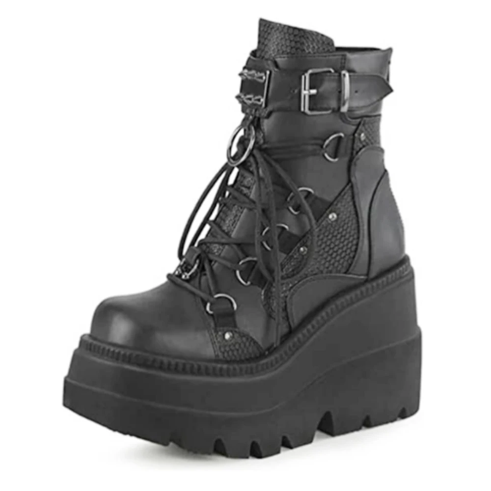 2022 Autumn Winter Sale Punk Halloween Witch Cosplay Platform High Wedges Heels Black Gothic Calf Boots Women Shoes Big Size 43 