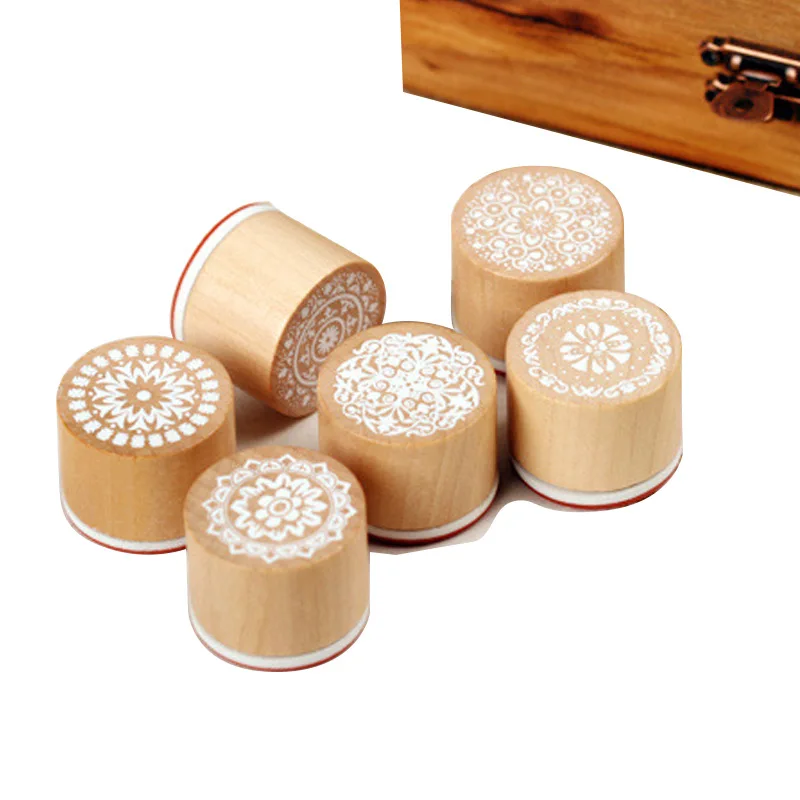 6pcs Wood Rubber Stamps Lace Round Wooden Stamp DIY Craft Scrapbooking Stamping Birthday Party Wedding Christmas Decoration