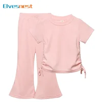 Summer Solid Color Kids Clothes Girls Outfit Set Short Sleeve Tops Pants 2 PCS Casual Children Girl Clothing Set 1-10 Years